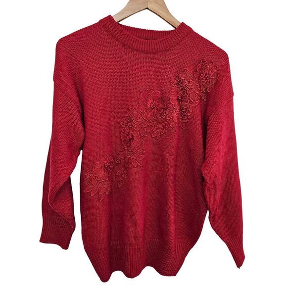 Vintage 80s Sweater Womens Medium Red Floral Lace Beaded Glam Knit Embellished - Picture 1 of 9